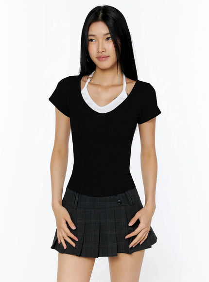Contrast Ring Halter Layered Top IL516 in Black, size S/M