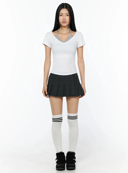 Contrast Ring Halter Layered Top IL516 White full-length front shot model standing straight slim ribbed tee with gray halter ring strap knee socks