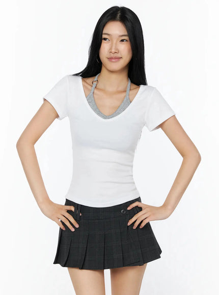 Contrast Ring Halter Layered Top IL516 White front crop shot model looking up hands on hips slim ribbed tee with gray halter and silver ring