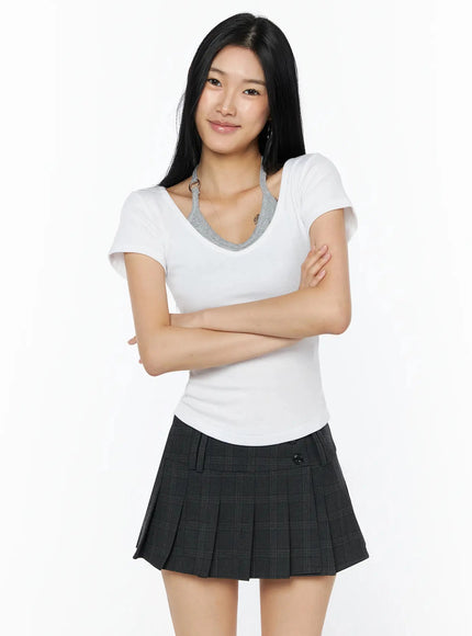 Contrast Ring Halter Layered Top IL516 White front shot smiling model arms crossed slim V-neck ribbed tee with contrast gray halter layer