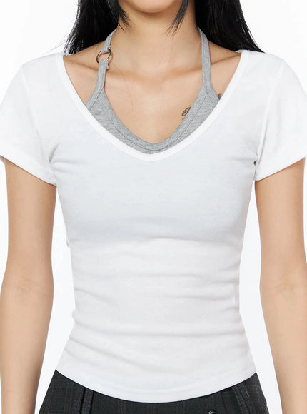 Contrast Ring Halter Layered Top IL516 White front close-up torso shot showing V-neck ribbed body with gray halter layer and silver ring detail