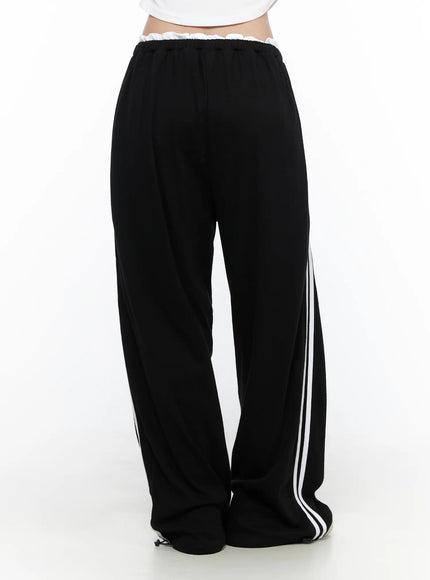 Contrast Stripe Wide Leg Sweatpants CL524 Black back shot on model standing showing white double side stripes ruffled elastic waistband and wide-leg cut from waist to hem