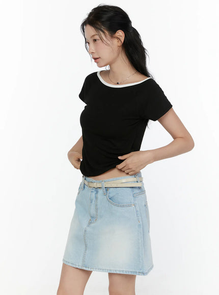 Contrast Trim Boat Neck Tee CL521 in Black, size S/M
