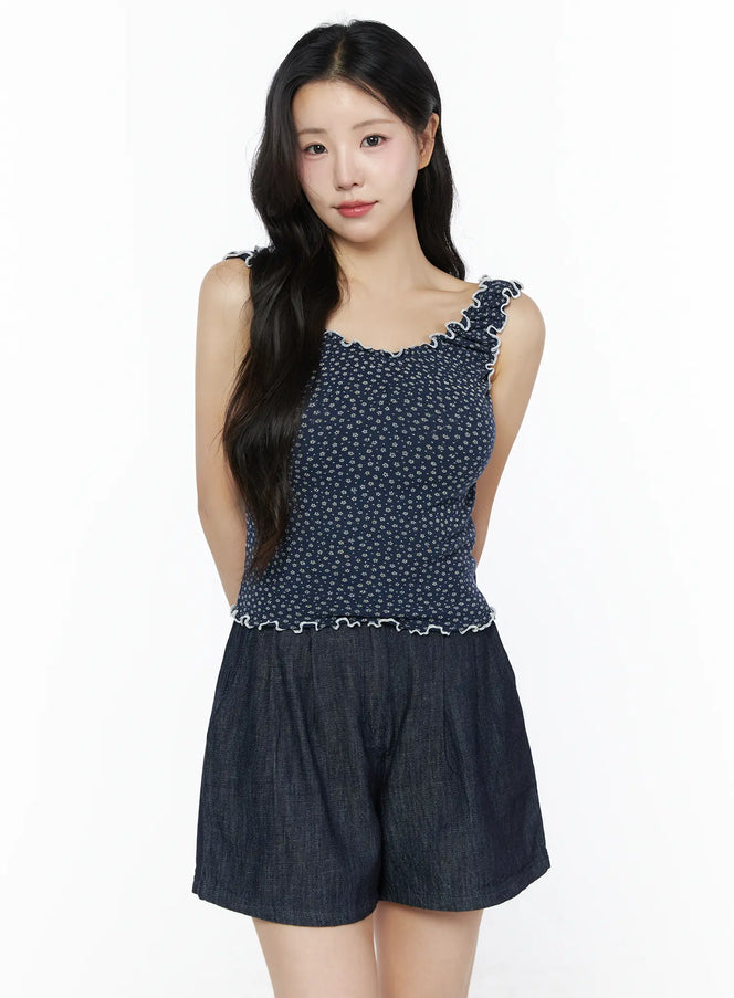Contrast Trim Floral Tank Top IU525 in Dark blue, size S/M