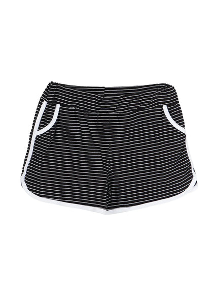 Contrast Trim Striped Shorts IU525 Black flat-lay front showing horizontal stripe pattern white contrast curved hem trim and side pockets