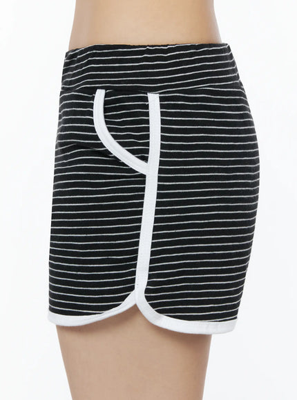 Contrast Trim Striped Shorts IU525 Black side close-up on model highlighting white piping pocket detail and striped cotton fabric texture
