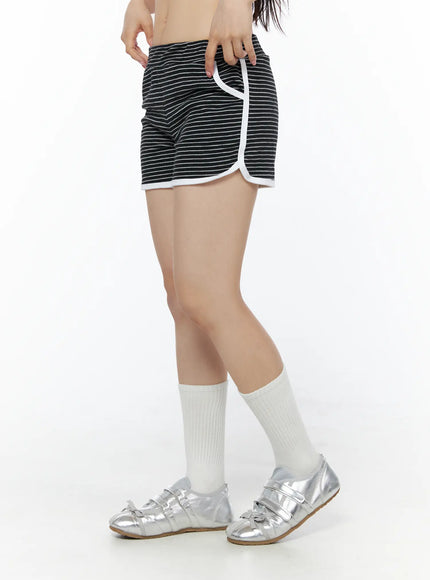Contrast Trim Striped Shorts IU525 Black side view close-up on model showing curved dolphin hem white trim and striped texture detail