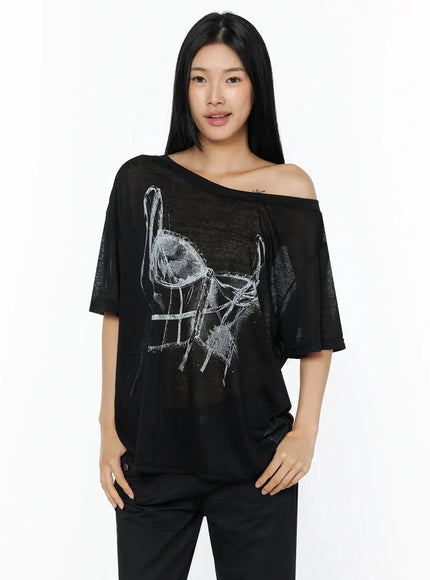 Corset Graphic Off-Shoulder Oversized Tee IL516 Black front shot model standing sheer oversized tee with white corset sketch graphic off-shoulder neckline