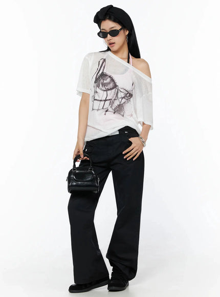Corset Graphic Off-Shoulder Oversized Tee IL516 White full-body styling shot model standing sunglasses black headband carrying mini bag corset sketch print sheer tee black wide pants