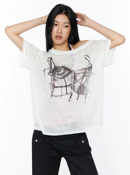 Corset Graphic Off-Shoulder Oversized Tee IL516 White cropped front shot model arms raised sheer oversized silhouette corset sketch print asymmetric off-shoulder neckline