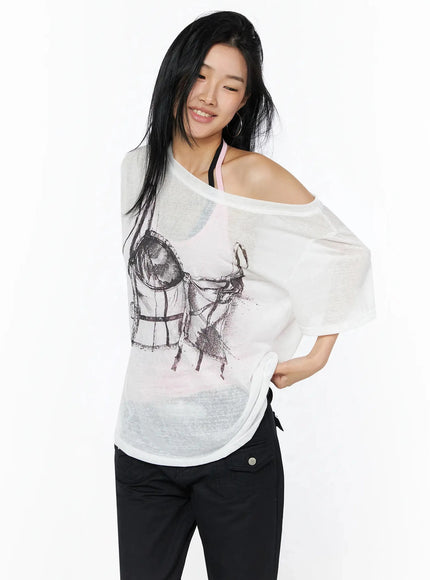 Corset Graphic Off-Shoulder Oversized Tee IL516 White front shot model smiling sheer fabric rolled hem corset sketch print off-shoulder layered over pink halter bralette