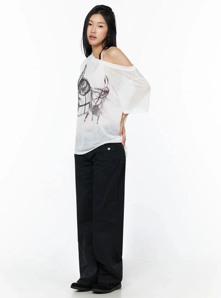 Corset Graphic Off-Shoulder Oversized Tee IL516 White side shot model standing sheer fabric off-shoulder neckline corset sketch print visible pink bralette underneath