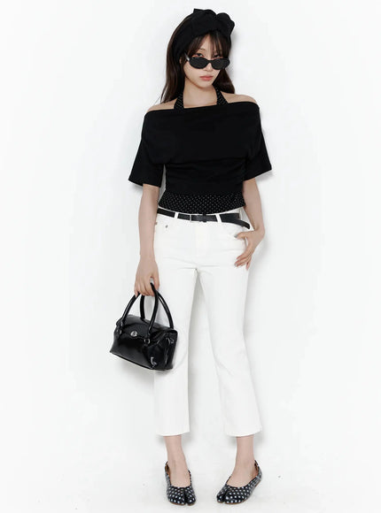 Cotton Capri Trousers IL506 White full-body styled shot on model with black off-shoulder top, black belt, black bag, polka-dot flats, beret