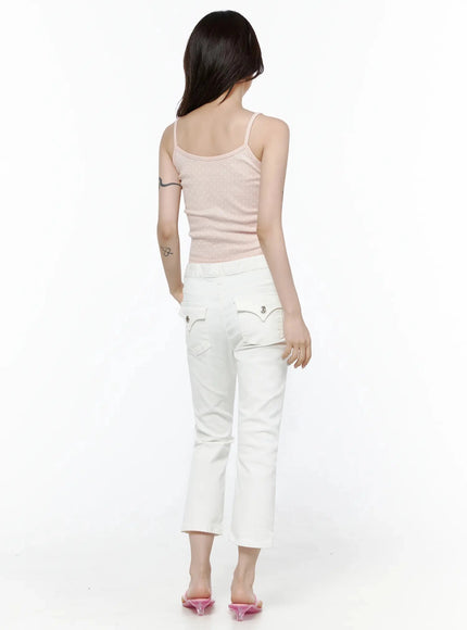 Cotton Capri Trousers IL506 White back view on model wearing pink cami top, decorative curved back pockets with silver snap buttons, crop hem