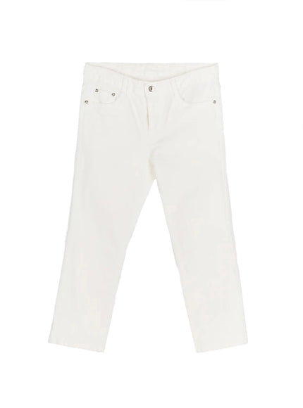 Cotton Capri Trousers IL506 White flat-lay front view showing full silhouette, silver hardware, crop straight leg, five-pocket construction