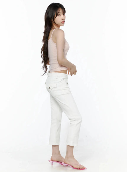 Cotton Capri Trousers IL506 White side shot on model wearing pink cami top, showing slim silhouette, side seam, pink transparent heels