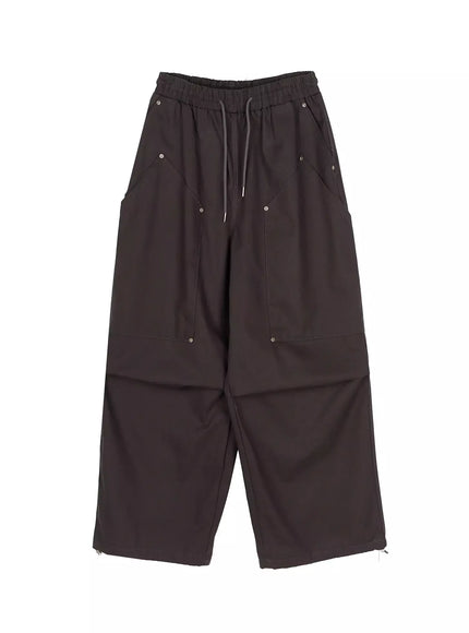 Cotton Carpenter Wide Pants IL502 Dark gray flat-lay front view showing full silhouette elastic drawstring waist eyelet details and wide leg panels