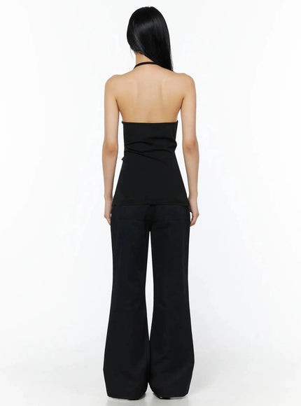 Cotton Pocket Bootcut Pants IL516 Black back full view on model, halter backless top styling, wide flared leg hem, black cotton fabric