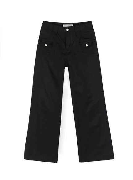 Cotton Pocket Bootcut Pants IL516 Black flat-lay front view, BYD STANDARD label visible, silver snap flap pockets, wide bootcut silhouette