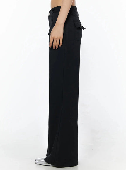 Cotton Pocket Bootcut Pants IL516 Black side view on model from waist down, straight side seam, wide bootcut flare, silver pointed heel