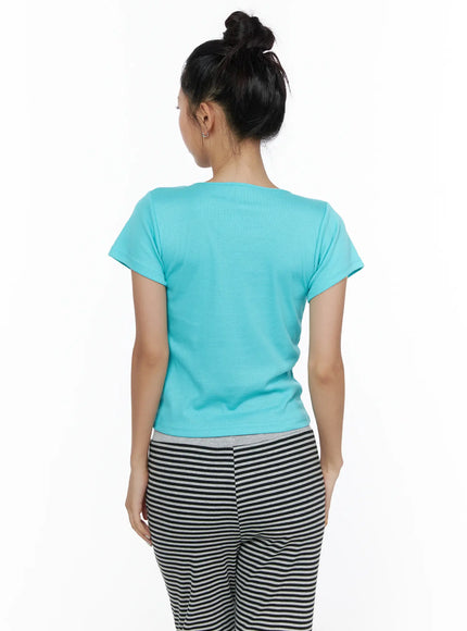 Cotton U-Neck Basic Tee CL513 Mint back model shot showing ribbed fabric short sleeves clean back silhouette fitted crop length with striped pants