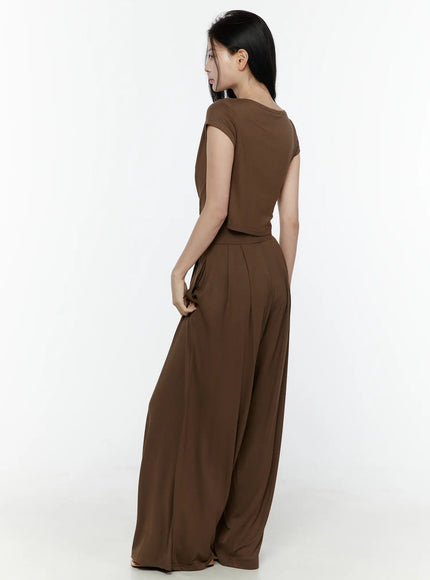 Cowl Neck Top and Loose-Fit Pants Set IL506 Brown back shot model looking over shoulder full length top back neckline wide-leg pants fluid drape