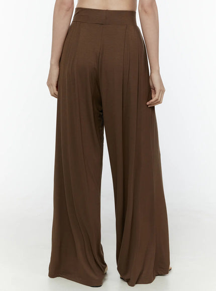 Cowl Neck Top and Loose-Fit Pants Set IL506 Brown back close-up pants model waistband detail pleated back wide-leg soft jersey fabric texture