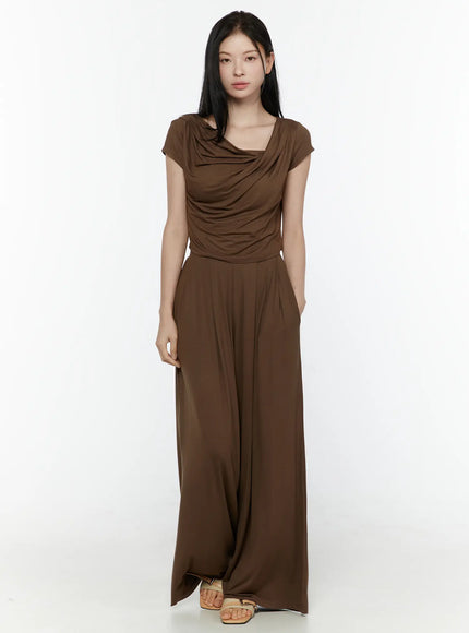 Cowl Neck Top and Loose-Fit Pants Set IL506 Brown front shot model arms at sides standing straight full length coordinated set sandals minimal styling