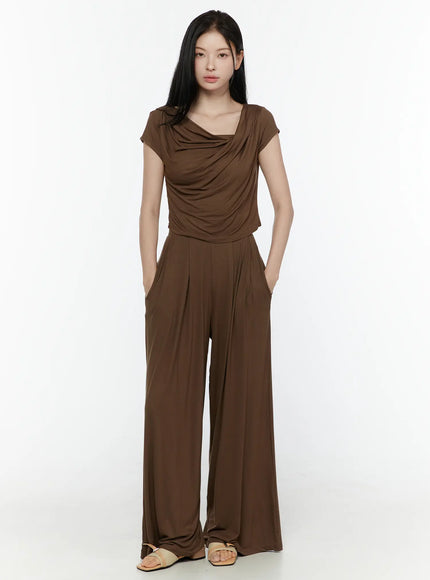 Cowl Neck Top and Loose-Fit Pants Set IL506 Brown front shot model hands in pockets standing straight full length wide-leg pants draped top sandals