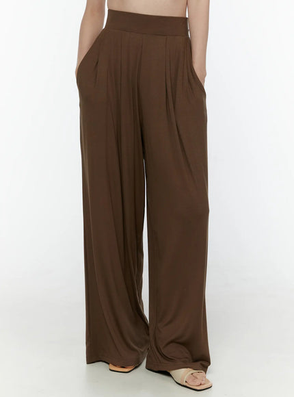 Cowl Neck Top and Loose-Fit Pants Set IL506 Brown front close-up pants model waist to ankle high waistband pleated wide-leg silhouette sandals