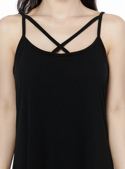 Criss-Cross Strap Maxi Dress IU525 Black close-up detail of crossed spaghetti straps at neckline showing soft jersey fabric texture