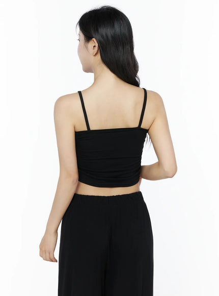 Crop Cami, Cardigan & Sweatpants Set IU525 Black back shot on model showing dual spaghetti straps and ruched back detail of square-neck crop cami with wide-leg pants