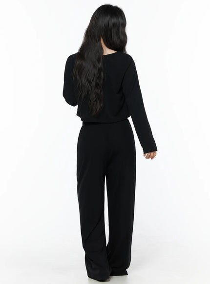 Crop Cami, Cardigan & Sweatpants Set IU525 Black back full-length shot on model showing rear of cropped cardigan and wide-leg sweatpants with clean drape and straight hem