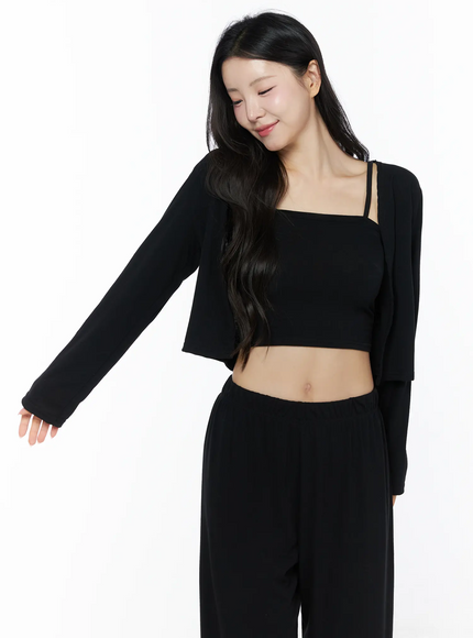Crop Cami, Cardigan & Sweatpants Set IU525 Black upper-body close-up on model looking down smiling, open cardigan layered over square-neck crop cami showing midriff detail