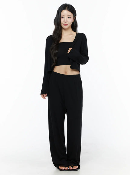 Crop Cami, Cardigan & Sweatpants Set IU525 Black full front shot on second model smiling, open cropped cardigan over square-neck cami top and wide-leg pants, sandals