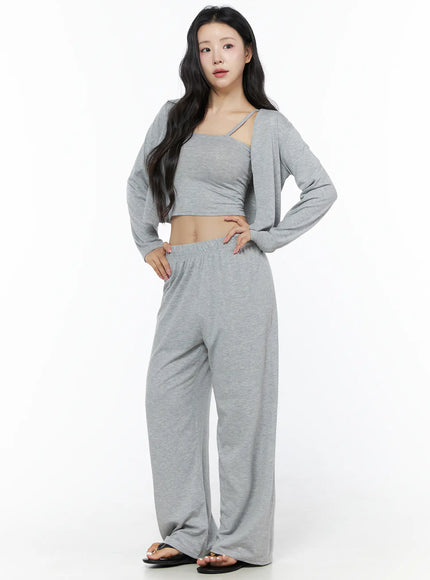 Crop Cami, Cardigan & Sweatpants Set IU525 in Gray, size S/M