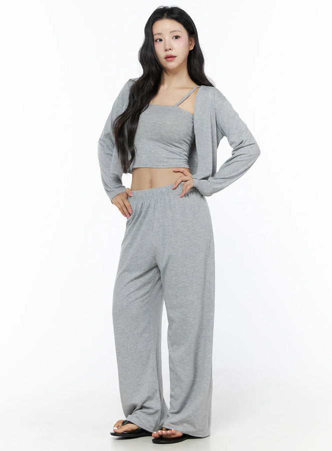 Crop Cami, Cardigan & Sweatpants Set IU525 in Gray, size S/M