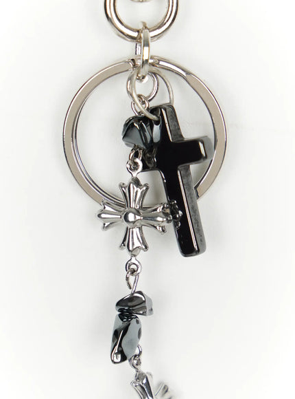 Cross Charm Tag Keychain IL507 Silver close-up detail of key ring section showing black resin cross charm, ornate silver cross pendant, and hematite stone beads