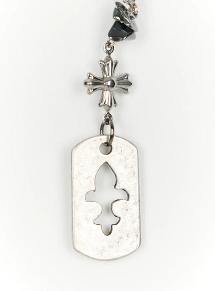 Cross Charm Tag Keychain IL507 Silver close-up detail of bottom section showing ornate silver cross charm and distressed rectangular dog tag with fleur-de-lis cutout