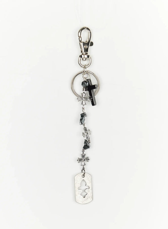 LEWKIN Cross Charm Tag Keychain IL507 Silver full product shot on white background showing lobster clasp, cross charms, hematite beads, and dog tag pendant