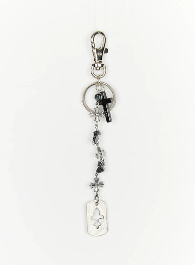 LEWKIN Cross Charm Tag Keychain IL507 Silver full product shot on white background showing lobster clasp, cross charms, hematite beads, and dog tag pendant