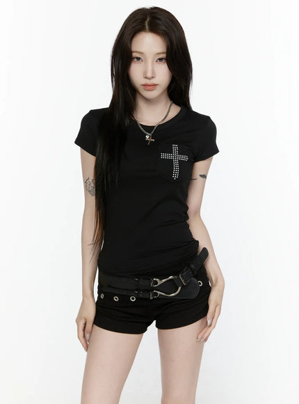 Cross Detail T-Shirt IL522 in Black, size S/M