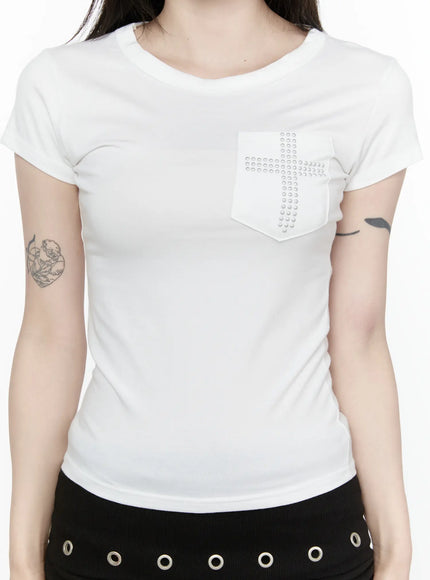 Cross Detail T-Shirt IL522 White close-up front model shot, studded cross motif on chest pocket detail, round neckline and cap sleeve visible