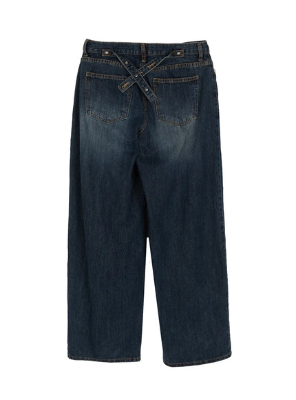 Cruz Wide Leg Jeans IL523 Dark blue flat-lay back view, crossover snap-button tab waistband, two back pockets with orange stitching, wide-leg silhouette, washed finish