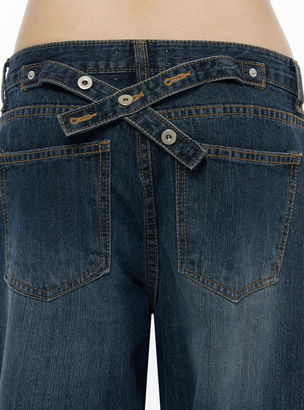 Cruz Wide Leg Jeans IL523 Dark blue close-up detail of back waistband, crossover snap-button tab closure, contrast orange stitching, washed denim texture