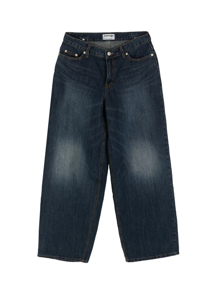 Cruz Wide Leg Jeans IL523 Dark blue flat-lay front view, washed denim, low-rise waist with silver button, five-pocket design, wide-leg cut, Ozbridge label visible
