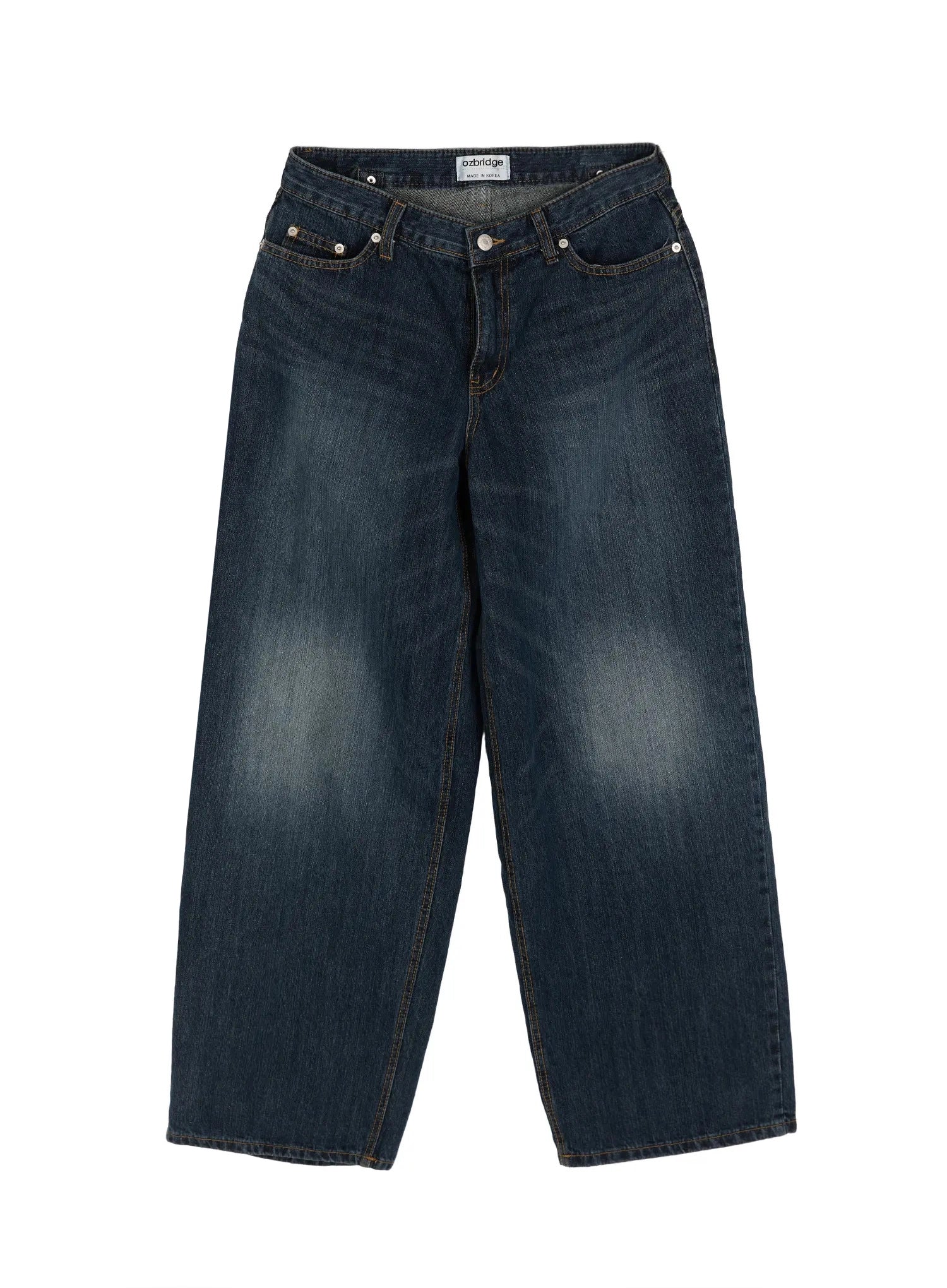 Cruz Wide Leg Jeans IL523 Dark blue flat-lay front view, washed denim, low-rise waist with silver button, five-pocket design, wide-leg cut, Ozbridge label visible