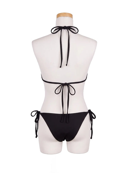 Crystal Studded Bikini Set CU530 Black back view on mannequin showing halter neck tie double back ties and side-tie bottom in smooth black fabric