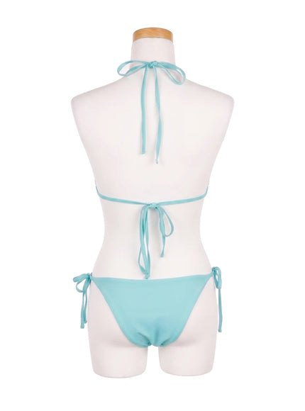 Crystal Studded Bikini Set CU530 Mint back view on mannequin showing halter neck tie top band tie and side-tie bottom with smooth fabric