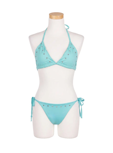LEWKIN Crystal Studded Bikini Set CU530 Mint front view on mannequin triangle halter top with silver studs and side-tie bikini bottom S/M